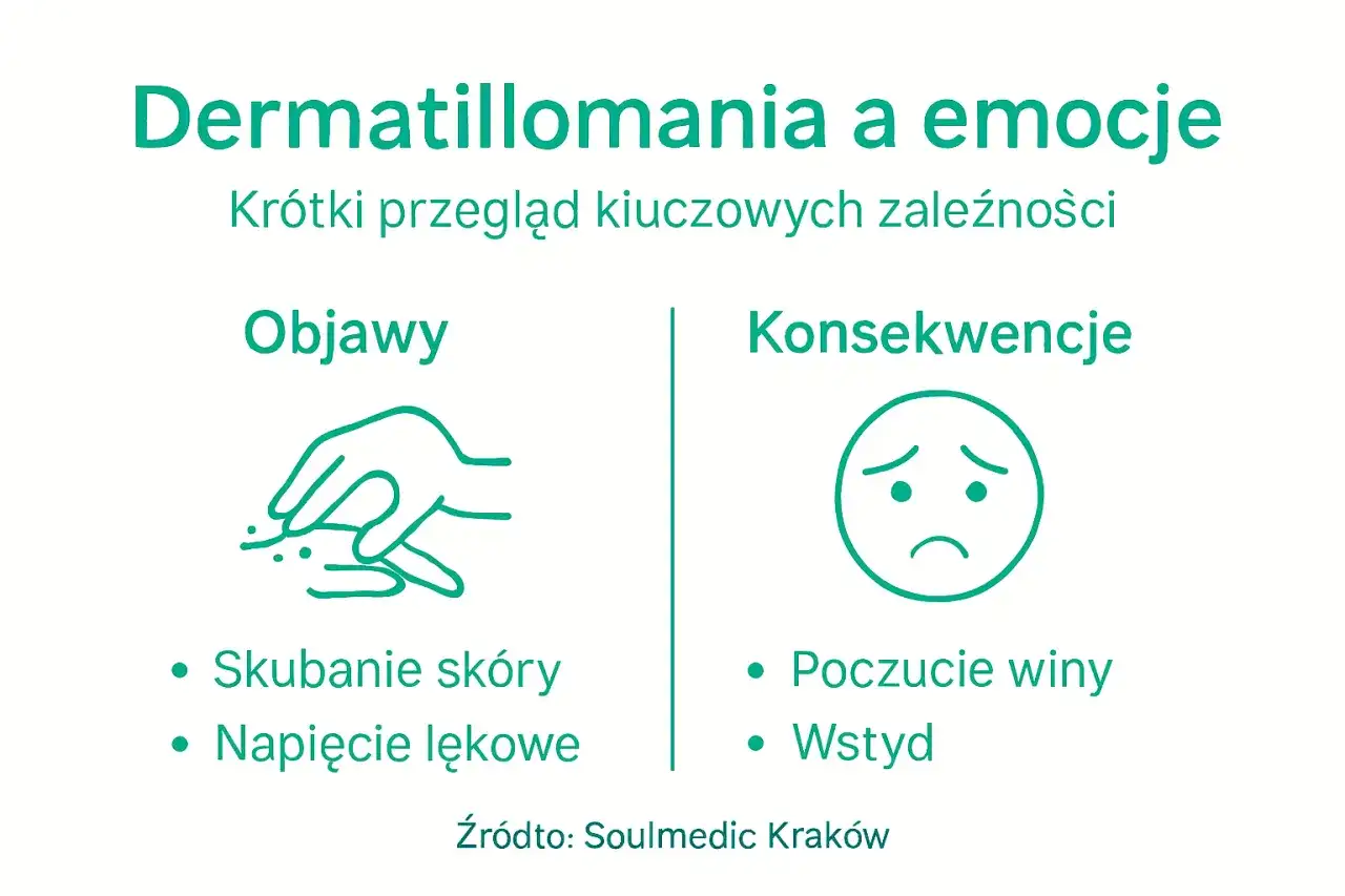Dermatillomania: objawy to skubanie skóry i napięcie lękowe, a konsekwencje to poczucie winy i wstyd.