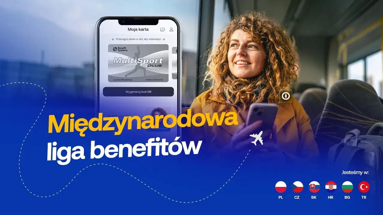 Kobieta z telefonem w ręku, na ekranie karta MultiSport. Tło z flagami krajów.