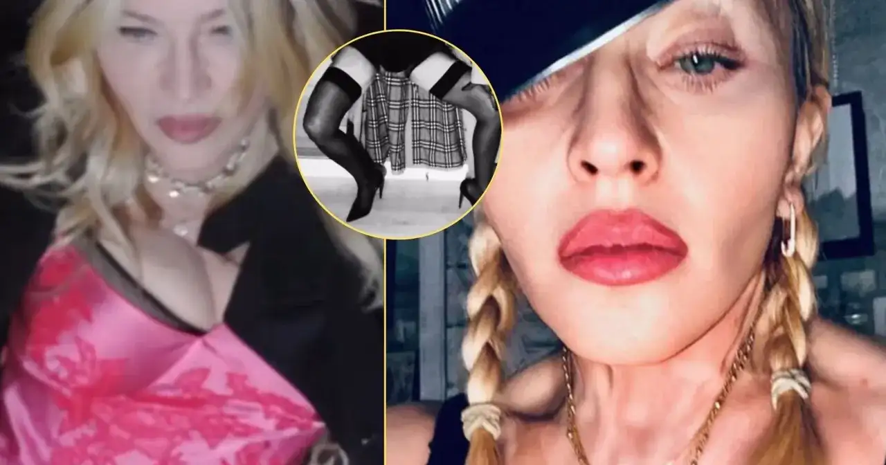 Madonna bez makijażu, w różowej sukience i z warkoczami. W okręgu widać jej nogi w pończochach i szpilkach.