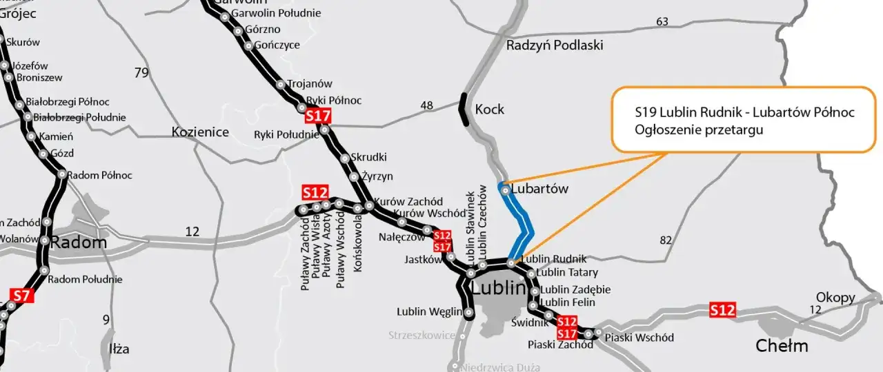 Mapa drogowa z zaznaczoną trasą Via Carpatia, drogami S7, S12, S17 i S19, miastami Radom, Lublin, Chełm.