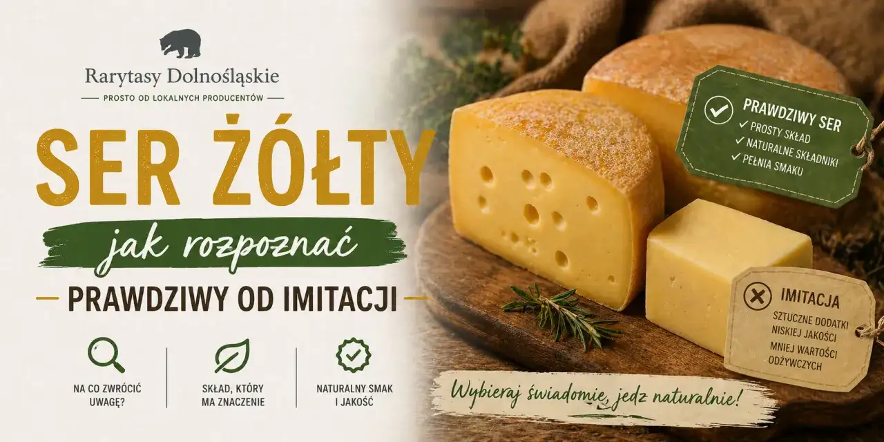 Kawałki sera żółtego na desce, z etykietami "Prawdziwy ser" i "Imitacja".