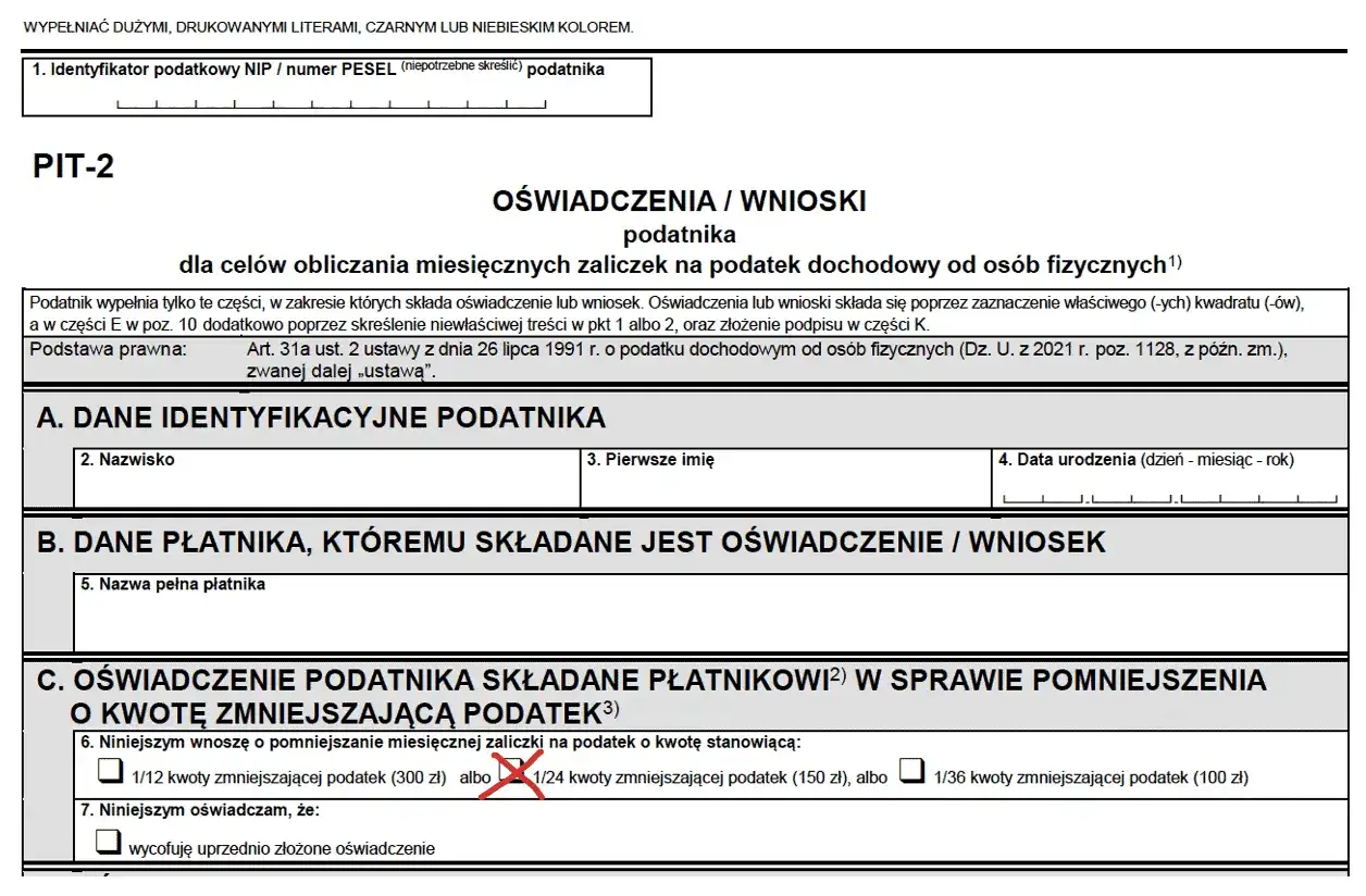 Formularz PIT-2, sekcja C: oświadczenie o pomniejszeniu zaliczki na podatek o kwotę zmniejszającą podatek. Zaznaczono 1/24 kwoty zmniejszającej podatek.