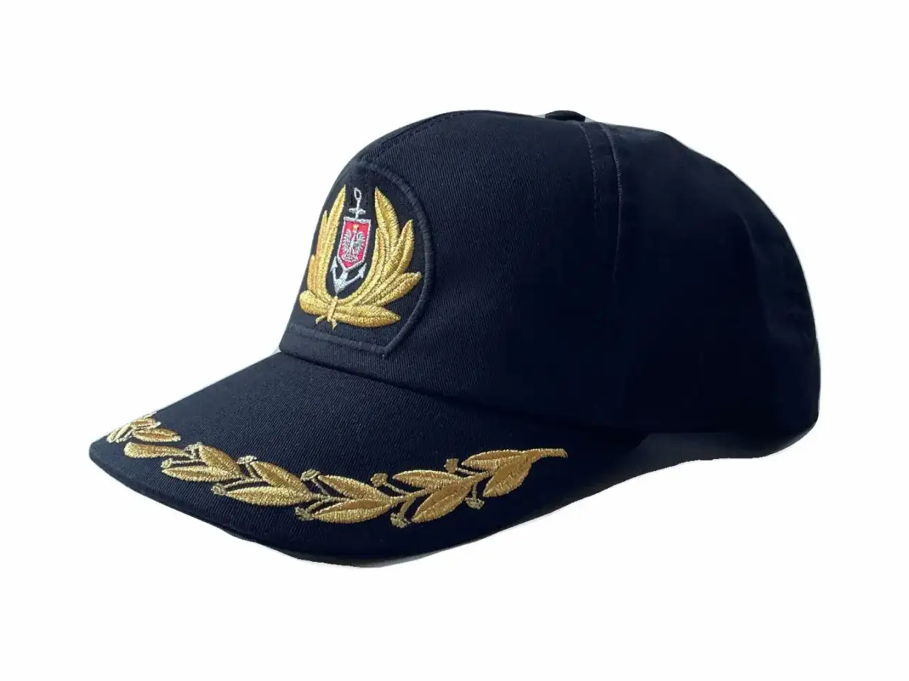 Granatowa czapka z wyszywanym godłem i złotym wieńcem laurowym. Elegancki cap, idealny na specjalne okazje.