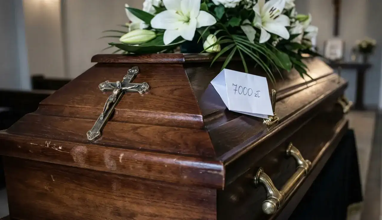 Drewniana trumna z krzyżem i kwiatami. Na wieczku karteczka z napisem "7000 zł", sugerująca, ile kosztuje pogrzeb katolicki.