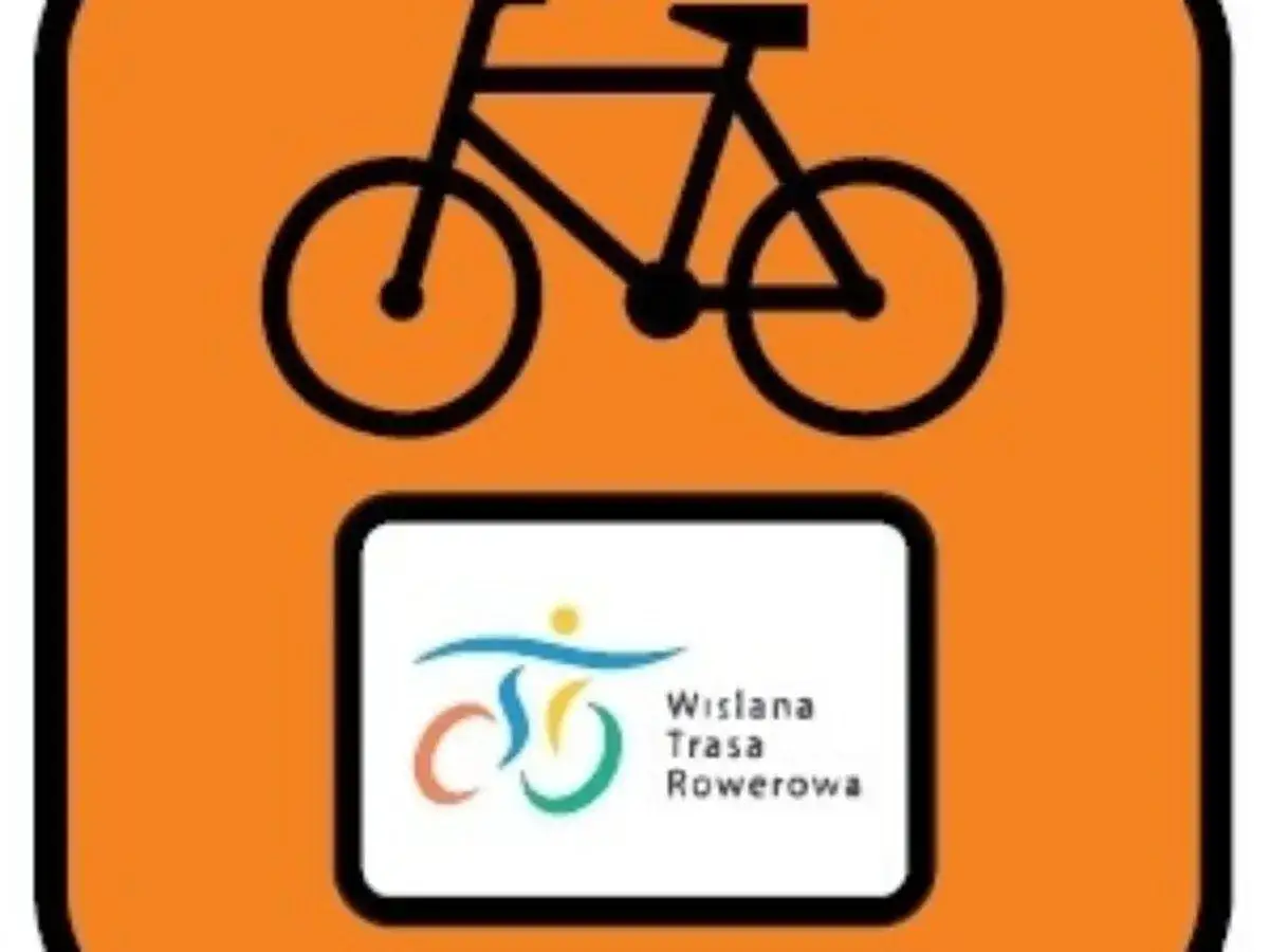 Znak rowerowy z symbolem roweru i logo "Wiślana Trasa Rowerowa". Idealny do planowania podróży z plikiem GPX.