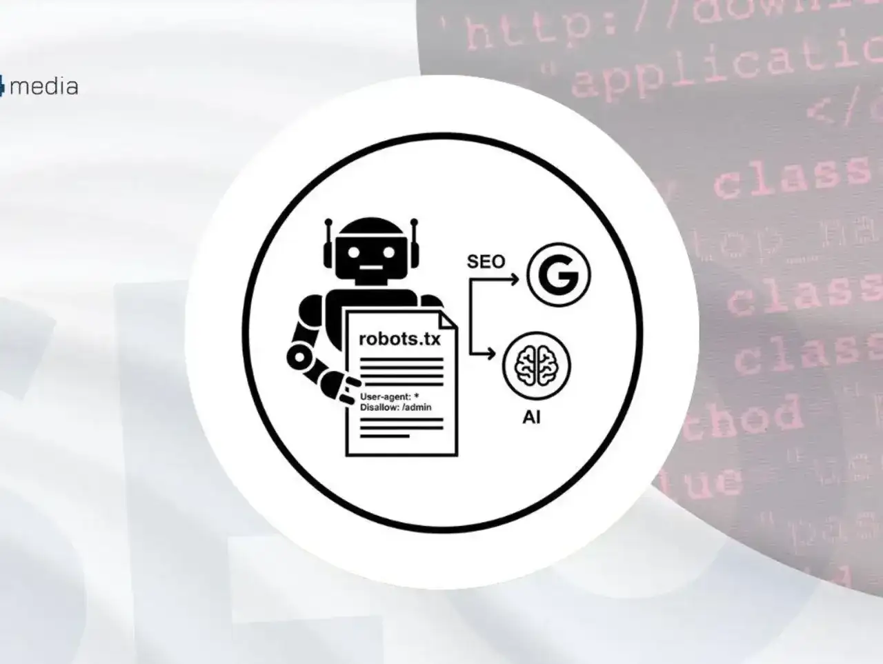 Grafika przedstawia robota trzymającego plik robots.txt, który wpływa na SEO i AI, w tym na Google.