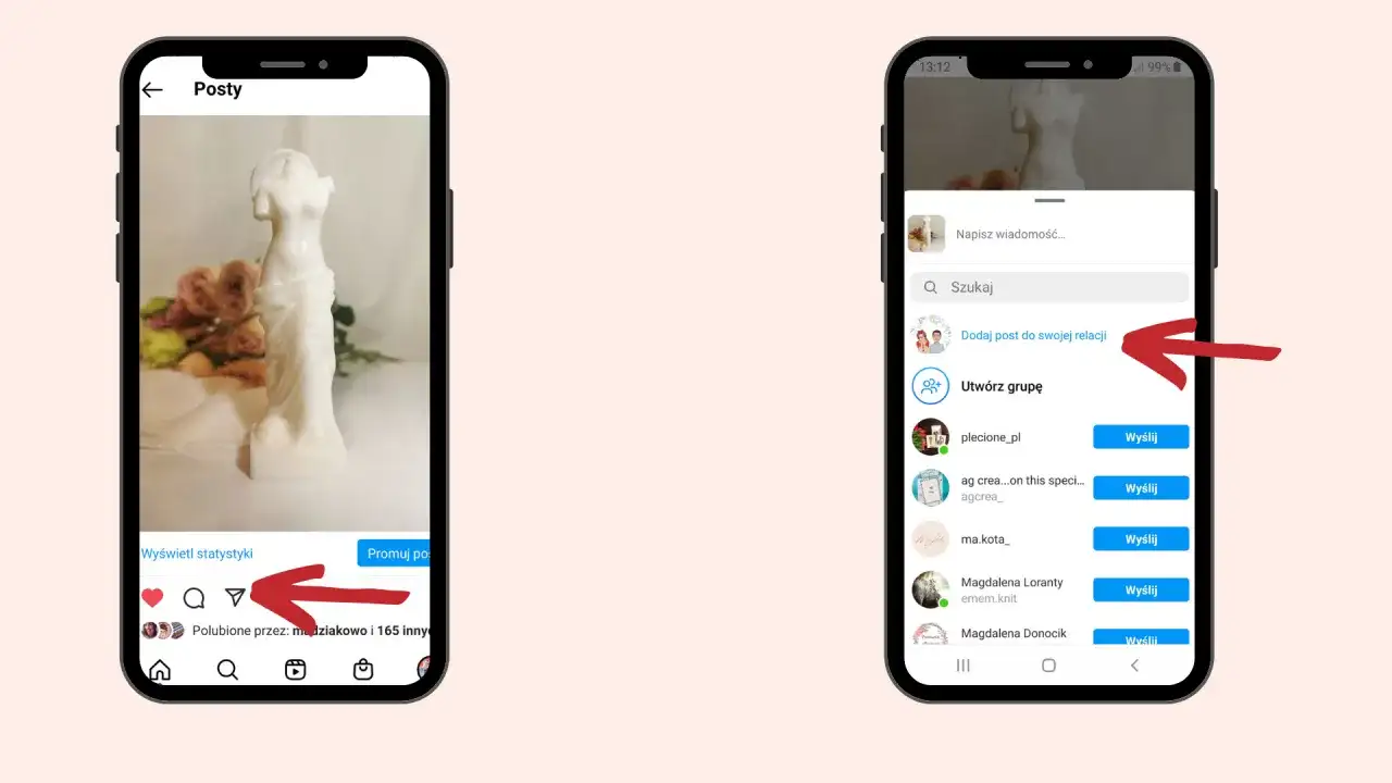 Chcesz wiedzieć, jak udostępnić rolkę na Instagramie? Kliknij ikonę samolotu, a następnie "Dodaj post do swojej relacji".