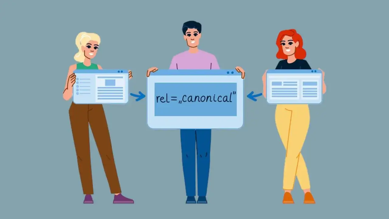 Trzy osoby prezentują ekrany z tekstem "rel=„canonical”", symbolizującym linki kanoniczne.