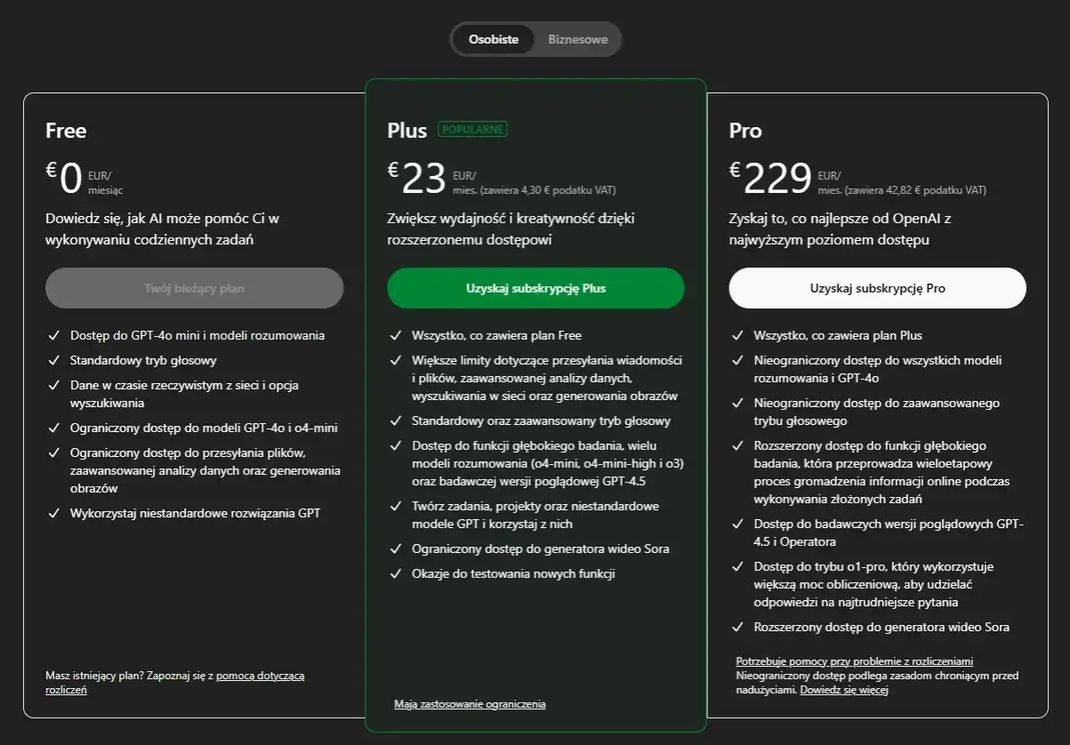 Porównanie planów: Free, Plus i Pro. Plan Plus oferuje ulepszenia, w tym dostęp do modeli GPT-4.5 i generatora wideo Sora.