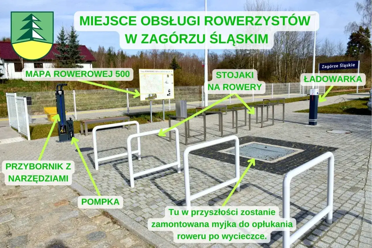 Miejsce obsługi rowerzystów w Zagórzu Śląskim: stojaki, ładowarka, pompka, przybornik z narzędziami i mapa rowerowa.