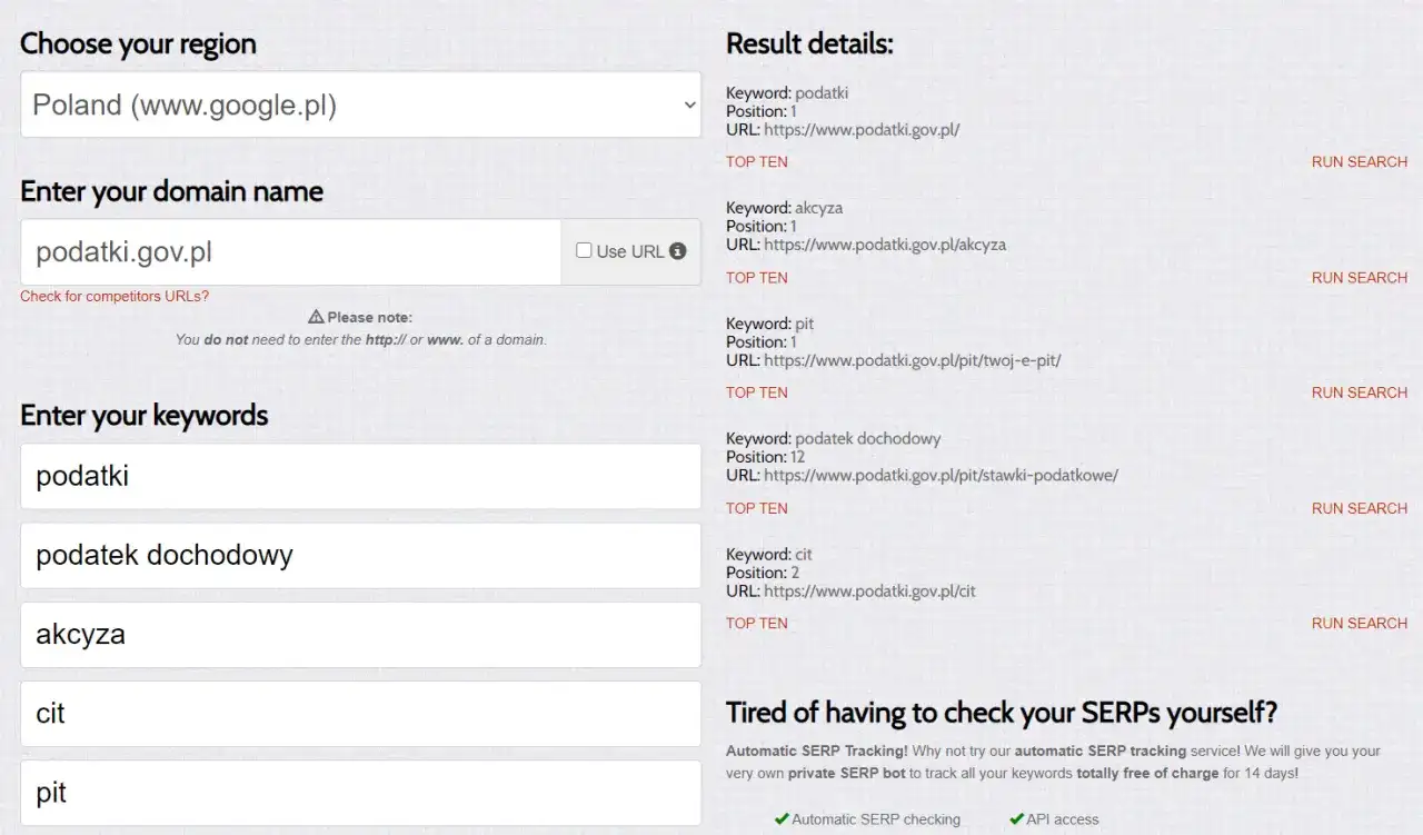 Wyniki wyszukiwania dla "podatki" pokazują, jak być widocznym w Google. Domena podatki.gov.pl zajmuje czołowe pozycje.