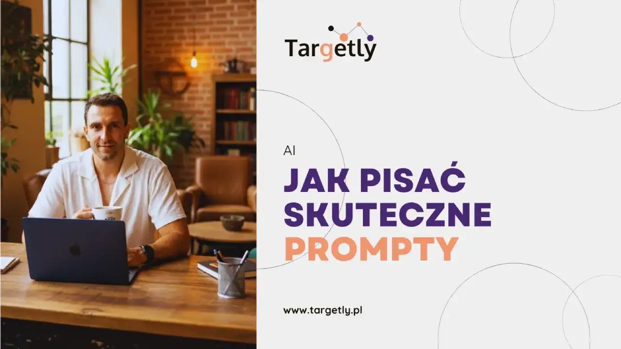 Mężczyzna z kawą przy laptopie uczy się, jak pisać skuteczne prompty dla czat gpt. Targetly.pl.