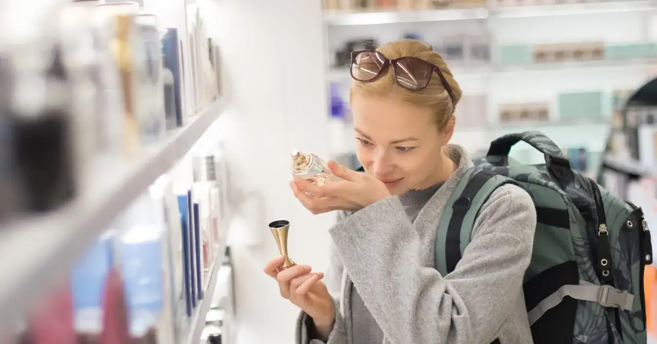 Kobieta z plecakiem wącha perfumy, zastanawiając się, ile kosztują perfumy na lotnisku.