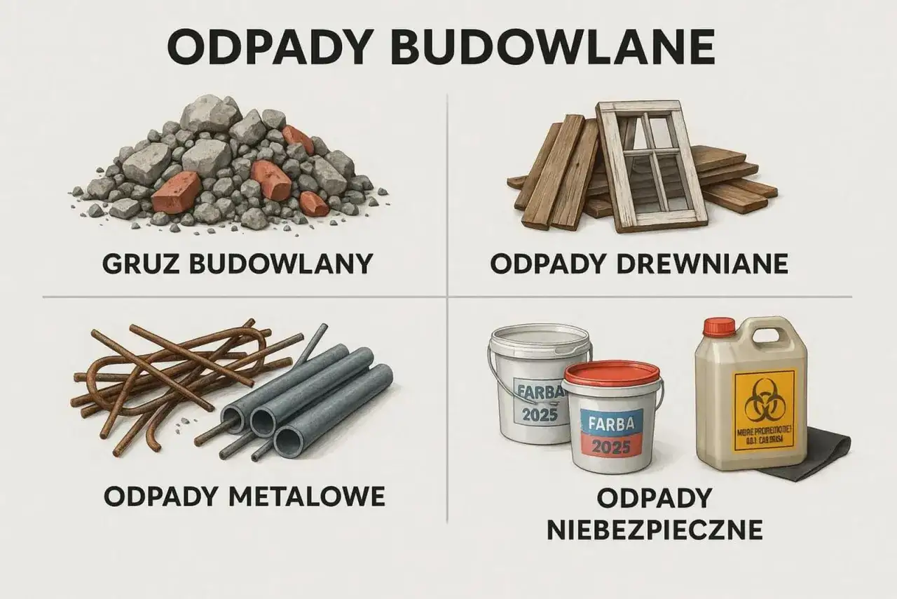 Segregacja odpadów budowlanych: gruz, drewno, metal, farby i odpady niebezpieczne.