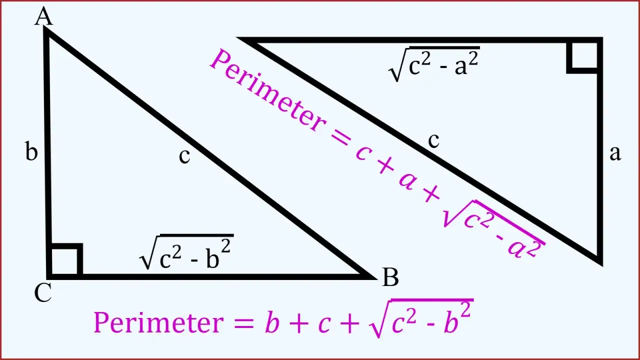Dwa trójkąty prostokątne z oznaczeniami boków i wzorami na obwód. Jeden trójkąt ma boki a, b, c, drugi a, √c²-a², c.