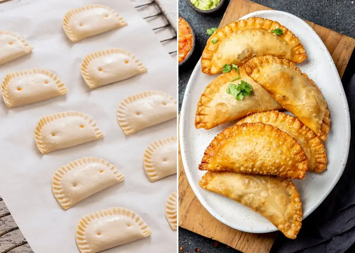 Masa de empanadillas de la abuela cruda y lista para hornear, junto a unas doradas y crujientes ya preparadas.