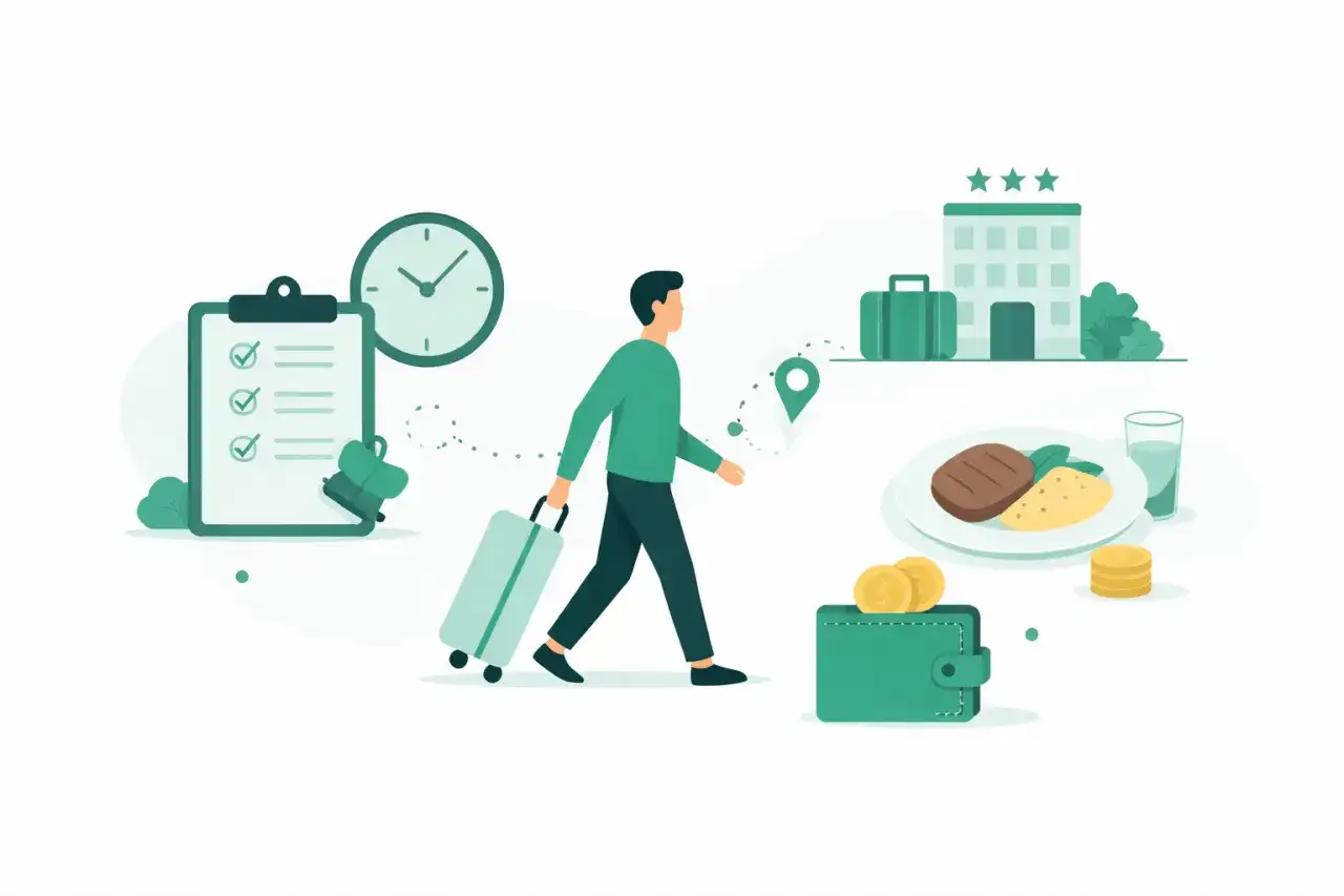 Podróż służbowa: lista zadań, zegar, walizka, hotel, posiłek i portfel z pieniędzmi. Ile wynosi dieta w delegacji?