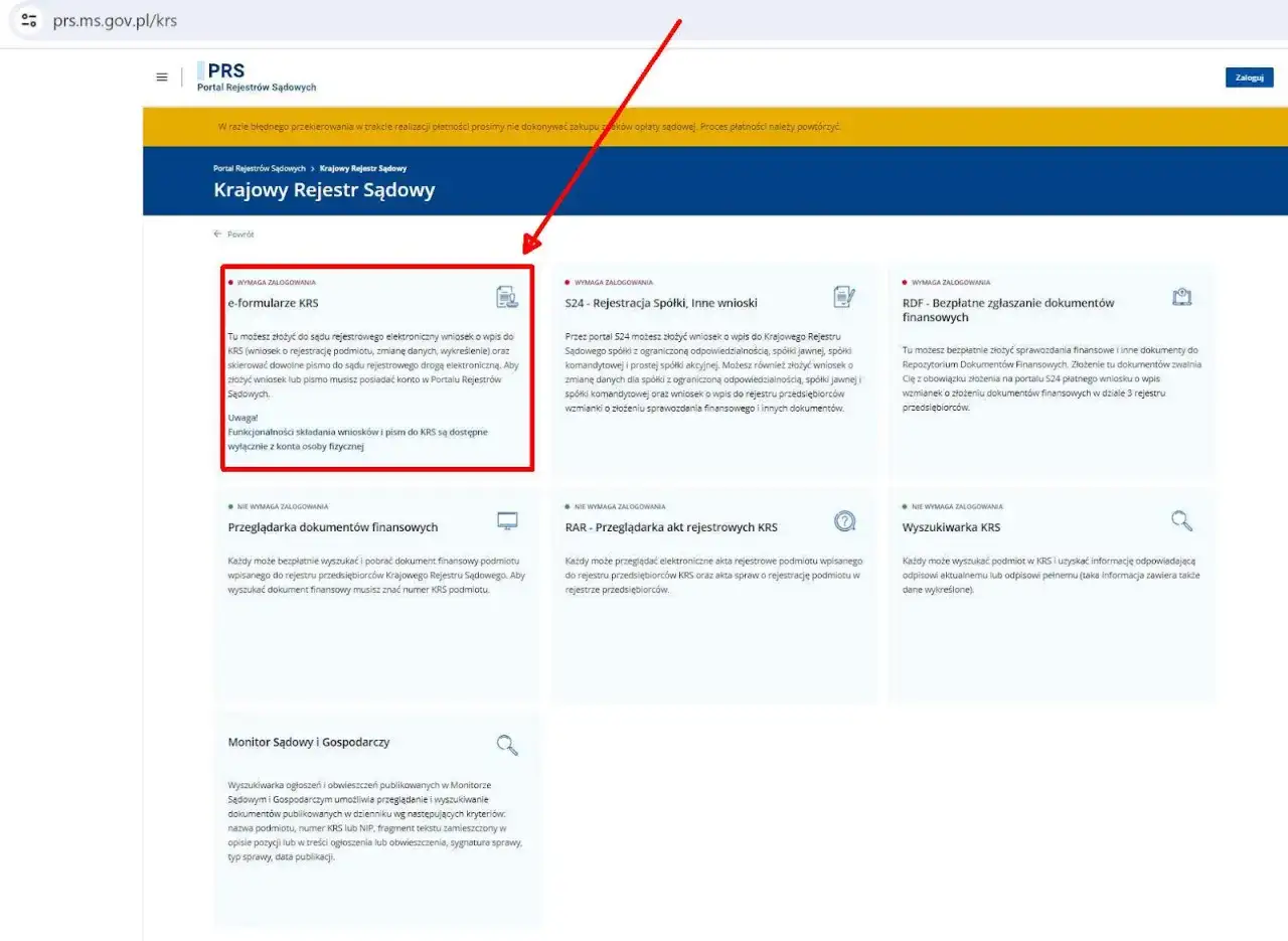 Jak złożyć wniosek do KRS elektronicznie? Instrukcja na portalu Rejestrów Sądowych. Zaloguj się, by złożyć e-formularz KRS.