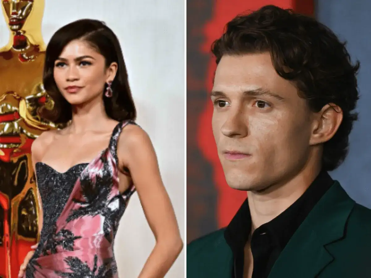 Zendaya w eleganckiej sukni i Tom Holland w zielonym garniturze, para znana z filmów o Spider-Manie.