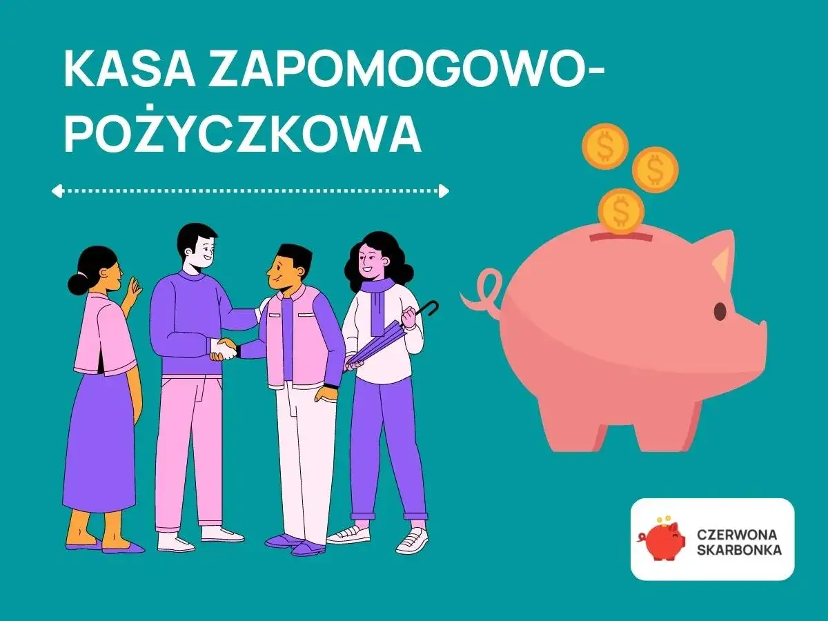 Ludzie zawierają umowę, a obok różowa świnka skarbonka przyjmuje monety. To wizualizacja kasy zapomogowo-pożyczkowej.