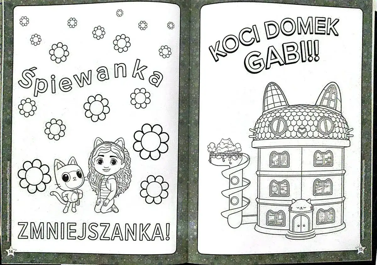 Koci domek Gabi kolorowanka: Gabi i Pufiś otoczeni kwiatkami, obok zjeżdżalnia i domek w kształcie kota.