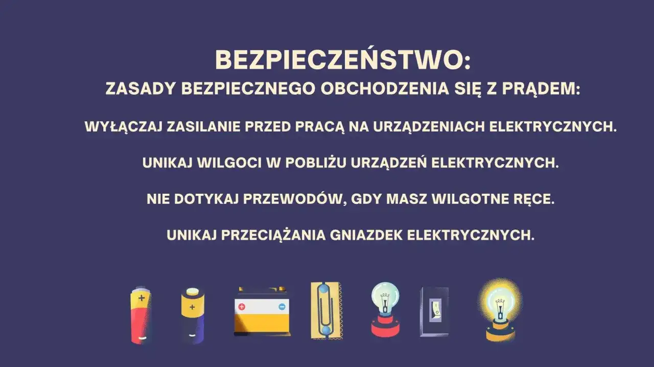 Ilustracja przedstawia zasady bezpieczeństwa dotyczące prądu: baterie, bezpiecznik, żarówkę i wyłącznik.