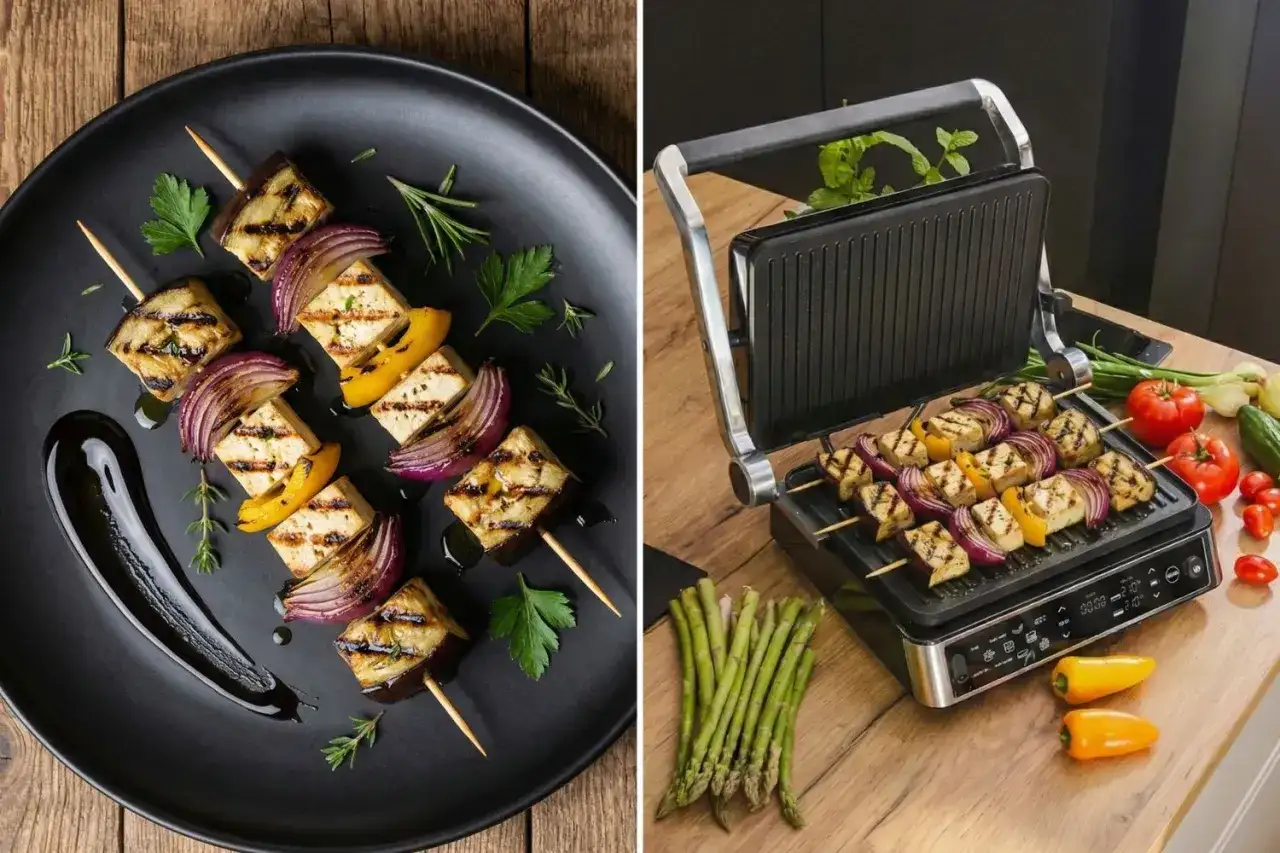 Pyszne warzywa na grilla: szaszłyki z bakłażana, tofu, cebuli i papryki, gotowe do podania lub w trakcie grillowania.