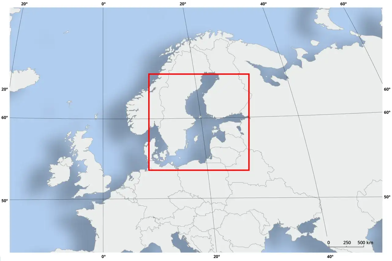 Mapa Europy Północnej z zaznaczonym obszarem Morza Bałtyckiego. Pokazuje, czy Norwegia ma dostęp do Morza Bałtyckiego.