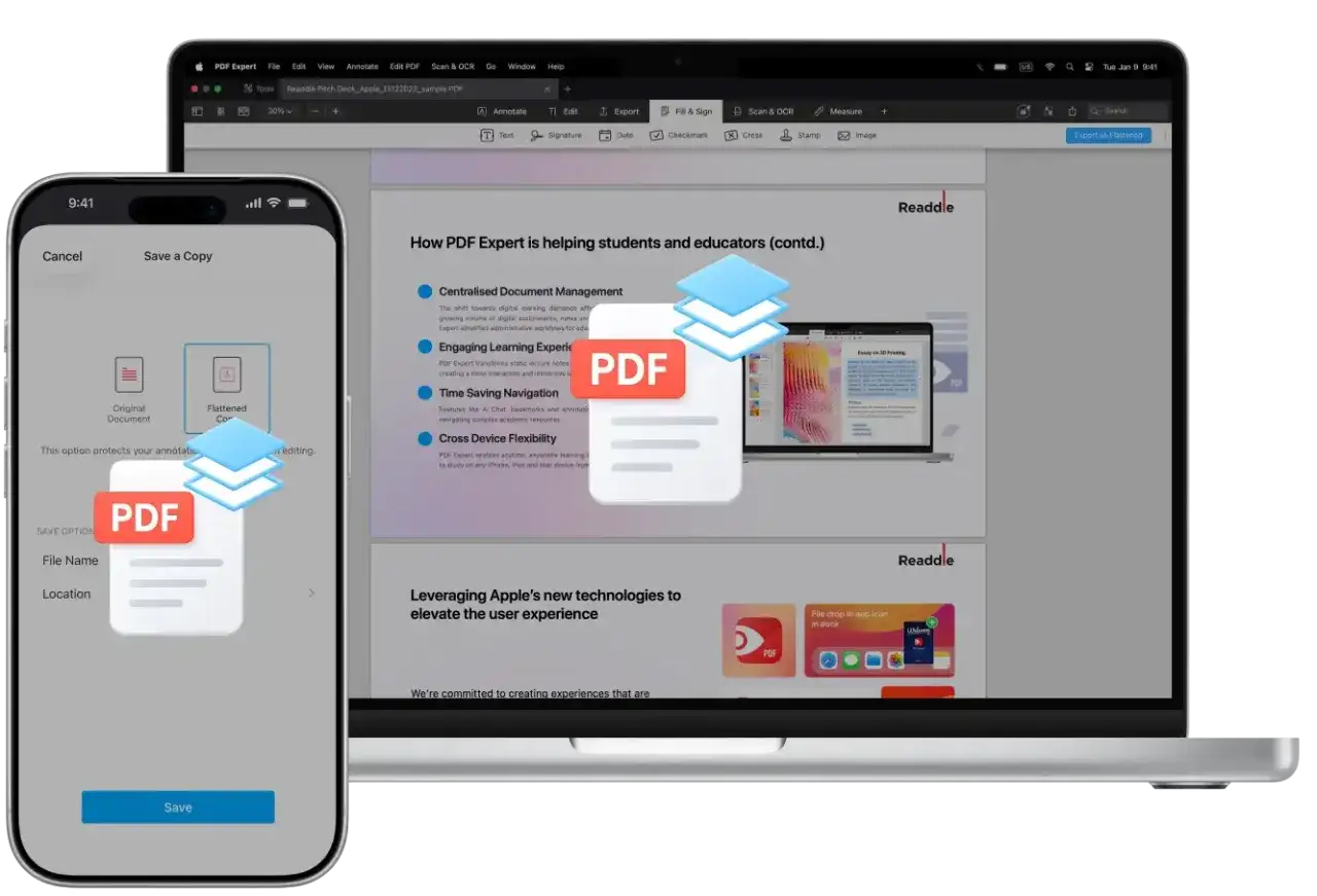 Ikona PDF na ekranie telefonu i laptopa z dokumentem.