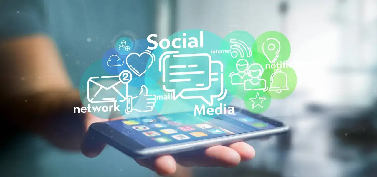 Grafika przedstawia narzędzia do monitorowania social media: ikony sieci, wiadomości, powiadomień i interakcji na smartfonie.