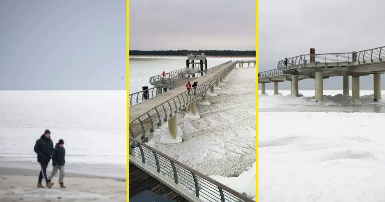 Spacerem po zamarzniętym Bałtyku, kiedy był skuty lodem. Widok na molo i plażę w zimowej scenerii.