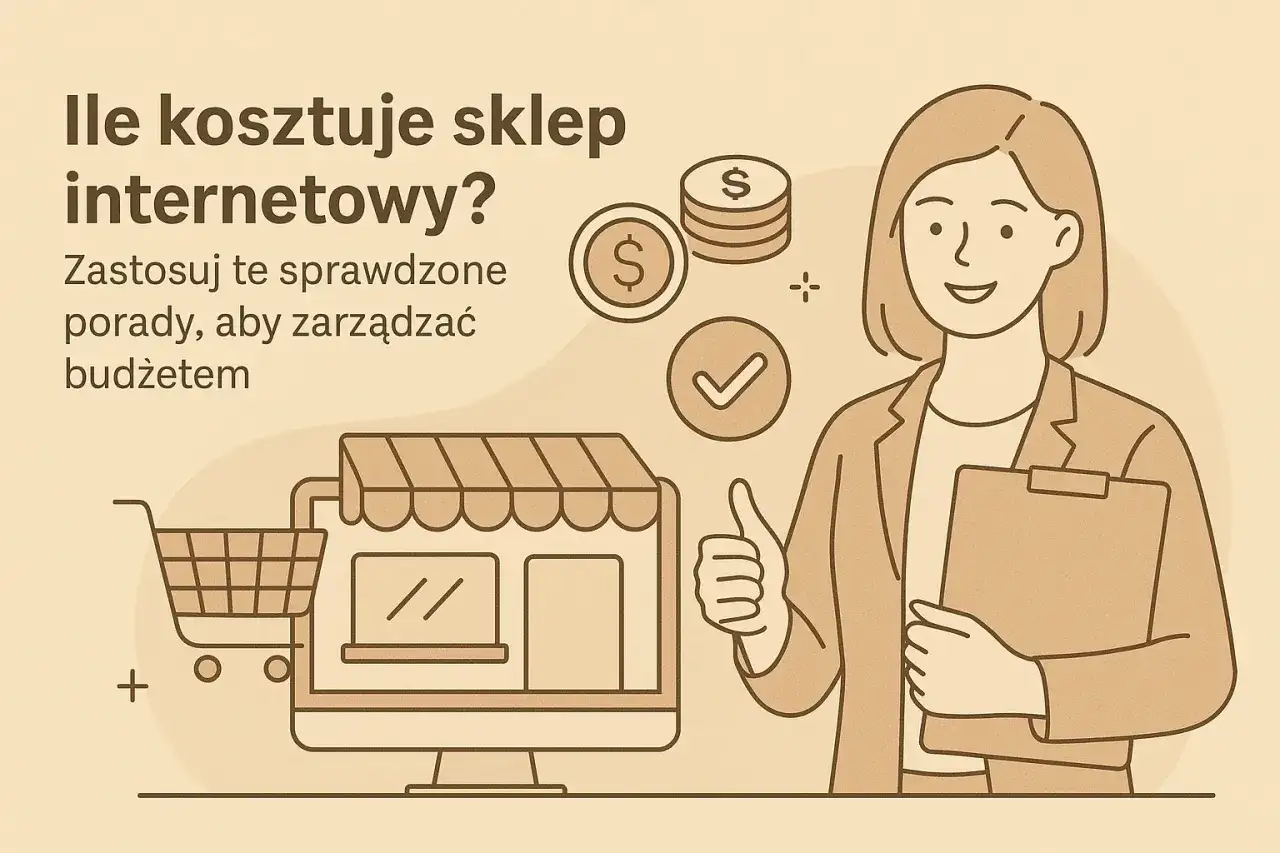 Koszty sklepu internetowego: grafika pokazuje komputer z wózkiem sklepowym, monety i kobietę z kciukiem w górę.