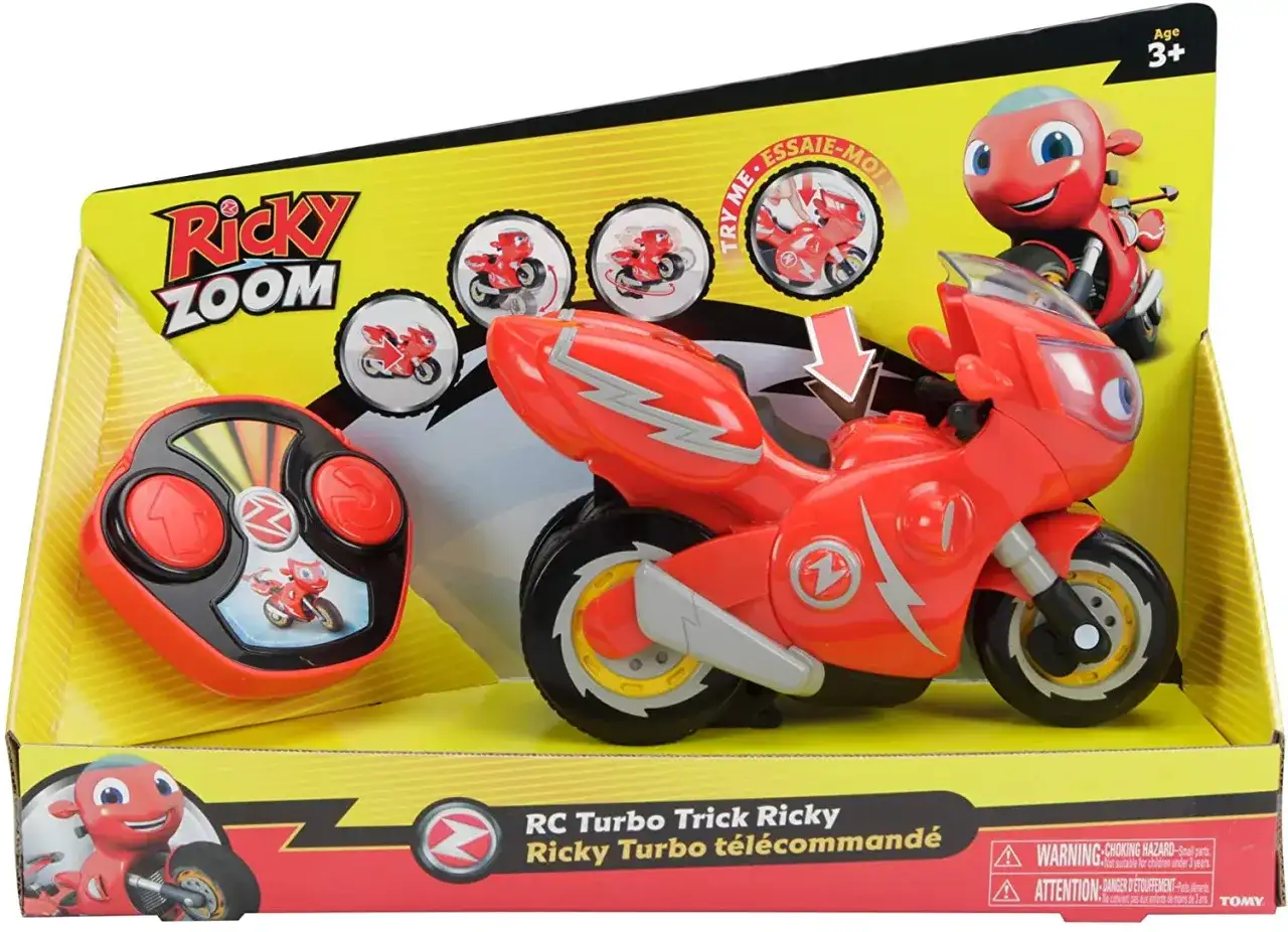 Zabawki Ricky Zoom: czerwony motocykl na radio z pilotem, gotowy do akcji i sztuczek.