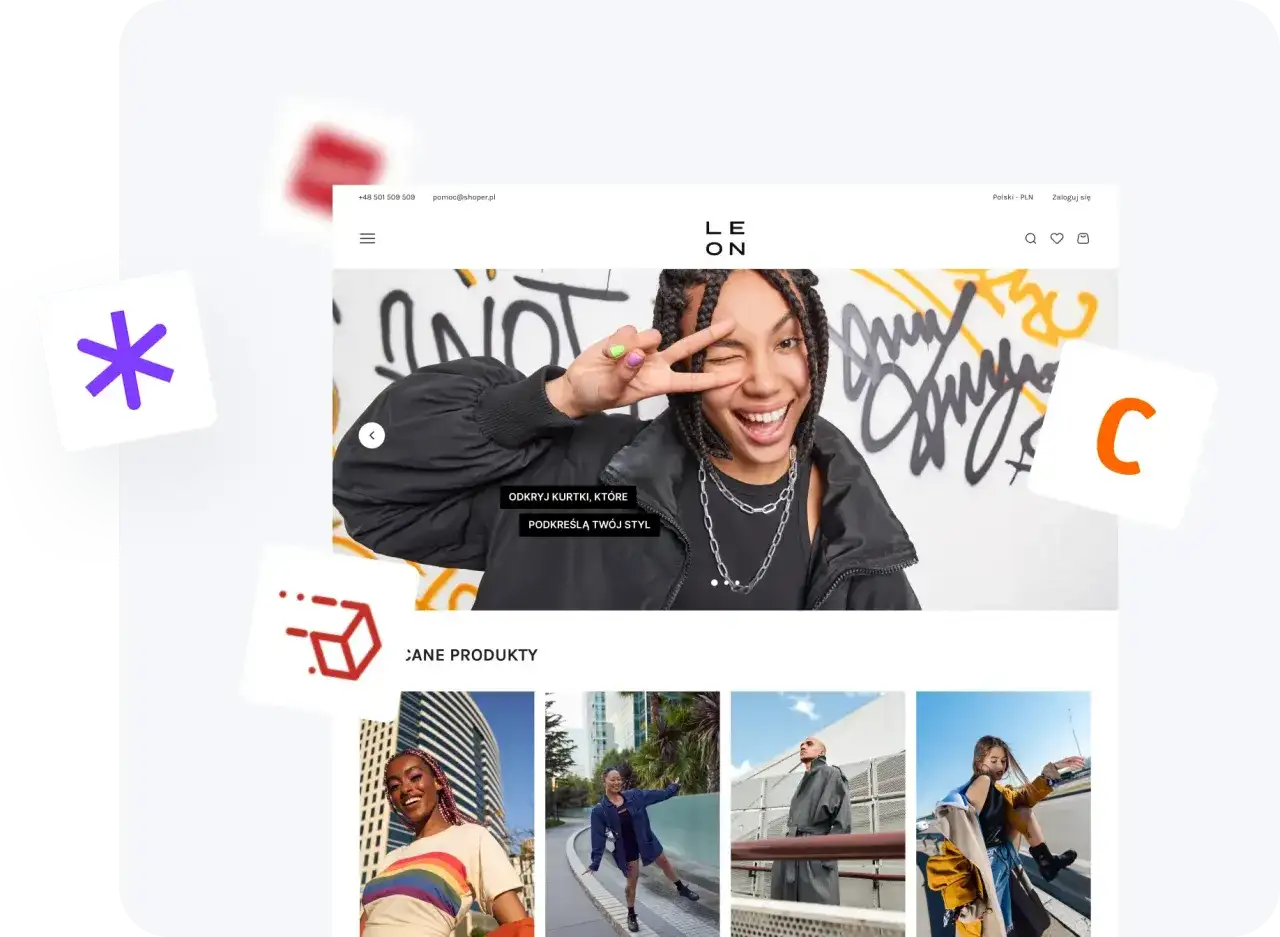 Strona główna sklepu internetowego z modą, prezentująca kampanię marketingową z młodymi ludźmi i ubraniami.