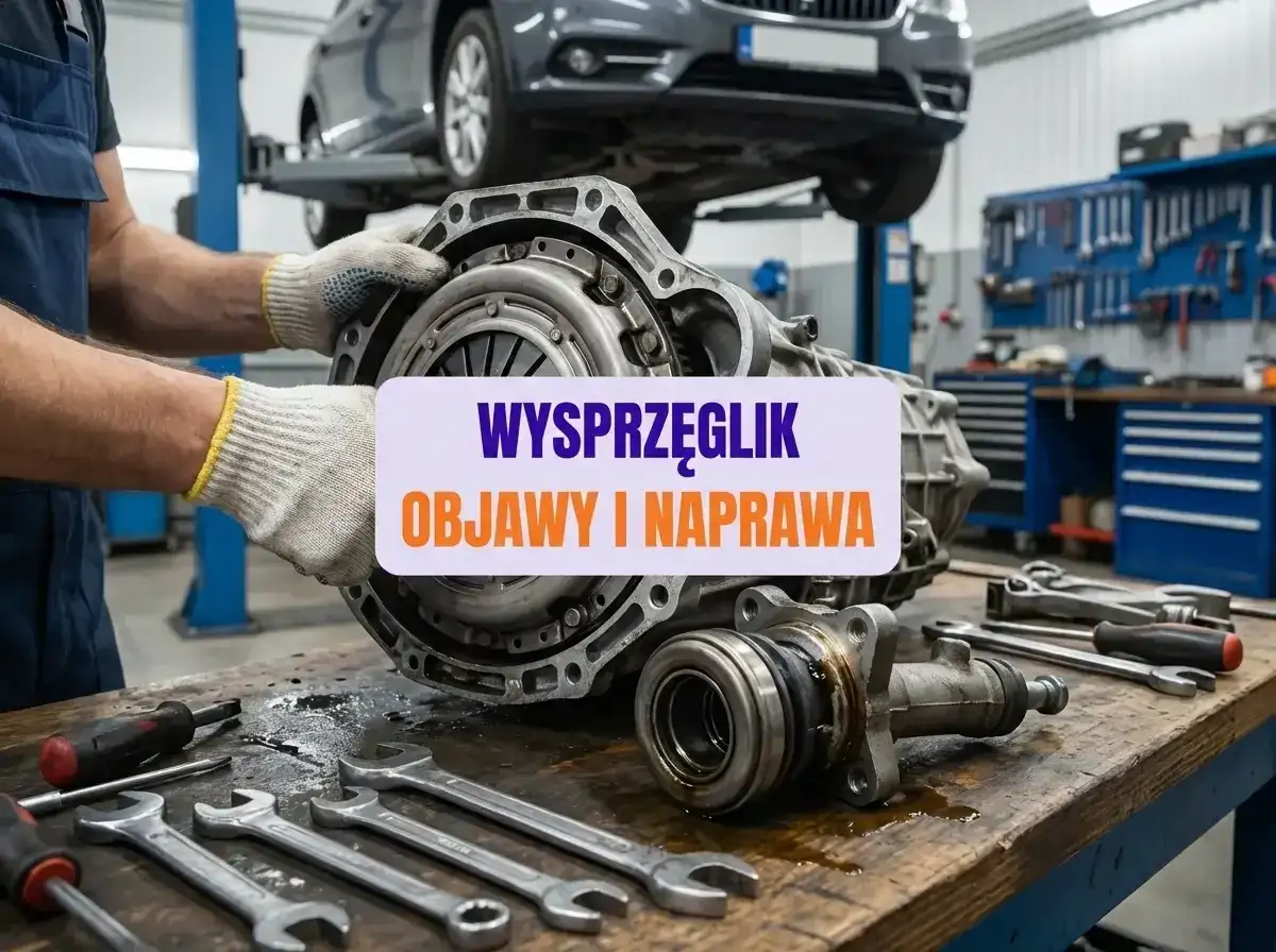 Mechanik trzymający element skrzyni biegów, narzędzia na stole, w tle samochód na podnośniku.