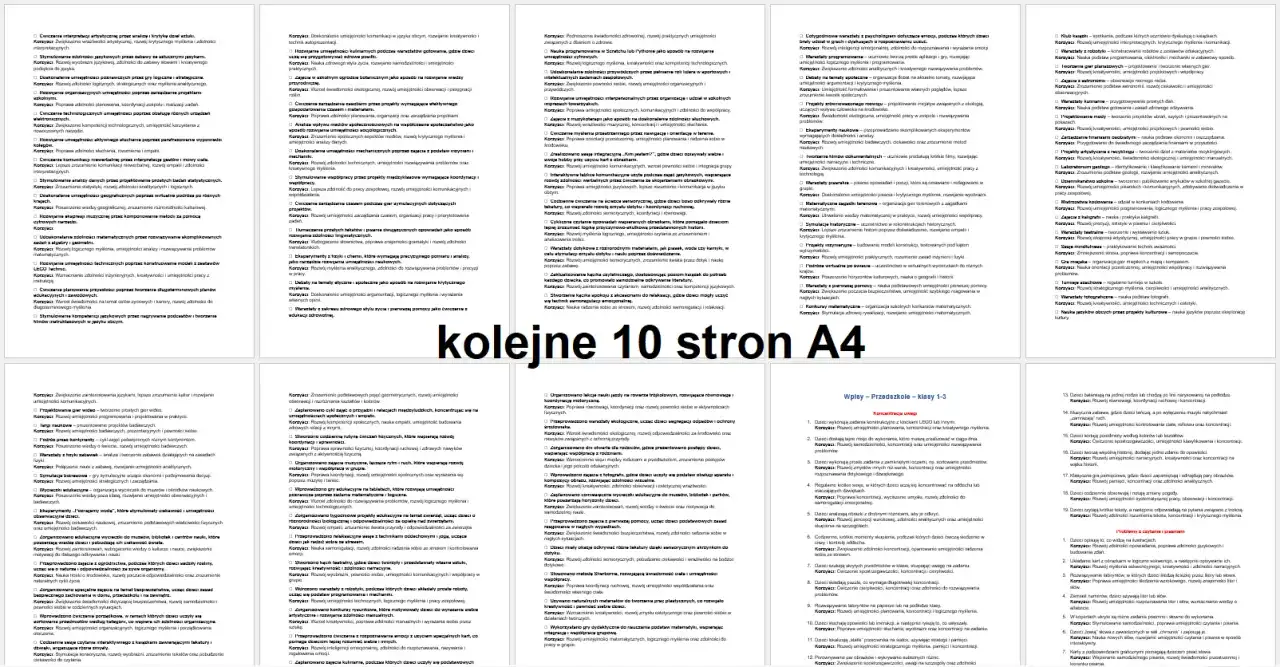 Przykłady pisania dziennika, listy zadań i celów edukacyjnych na kolejnych stronach A4.