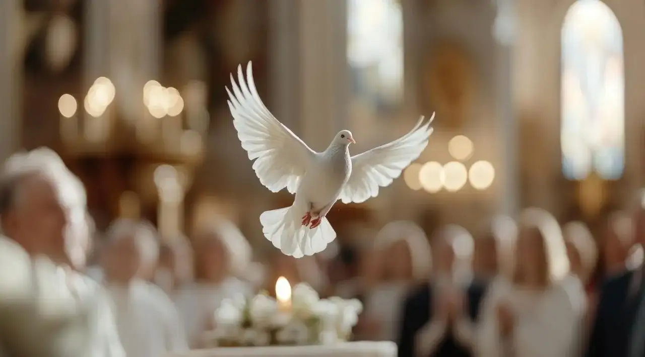 Biały gołąb symbolizujący Ducha Świętego unosi się nad zgromadzonymi podczas uroczystości bierzmowania w kościele.