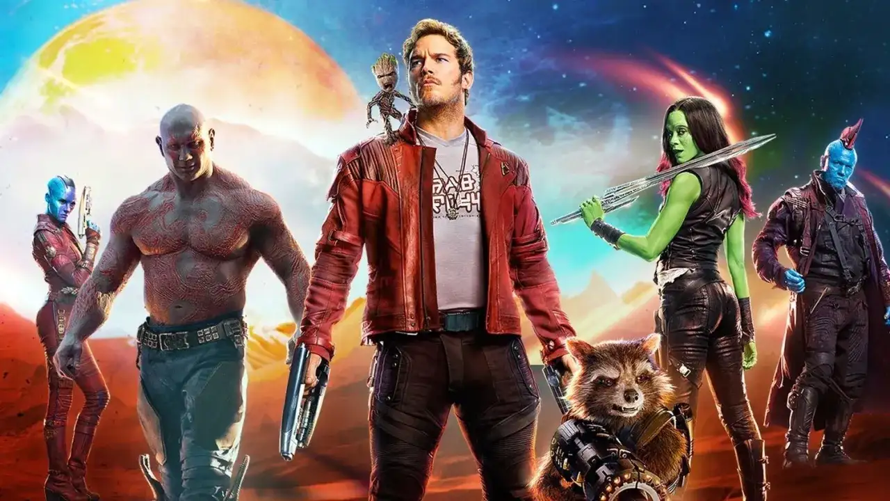 Strażnicy Galaktyki obsada: Star-Lord, Gamora, Drax, Rocket, Groot i Nebula gotowi do akcji.