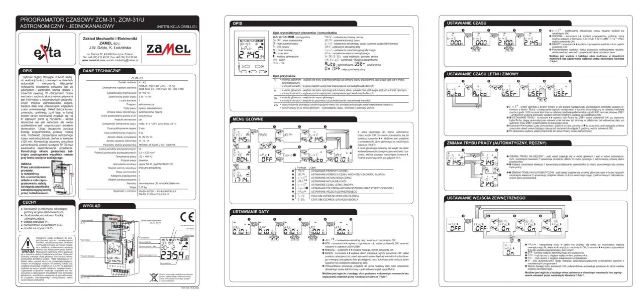 Instrukcja jak ustawić programator czasowy Zamel ZCM-31. Opisuje menu, ustawianie daty, czasu, trybu pracy i wejść zewnętrznych.