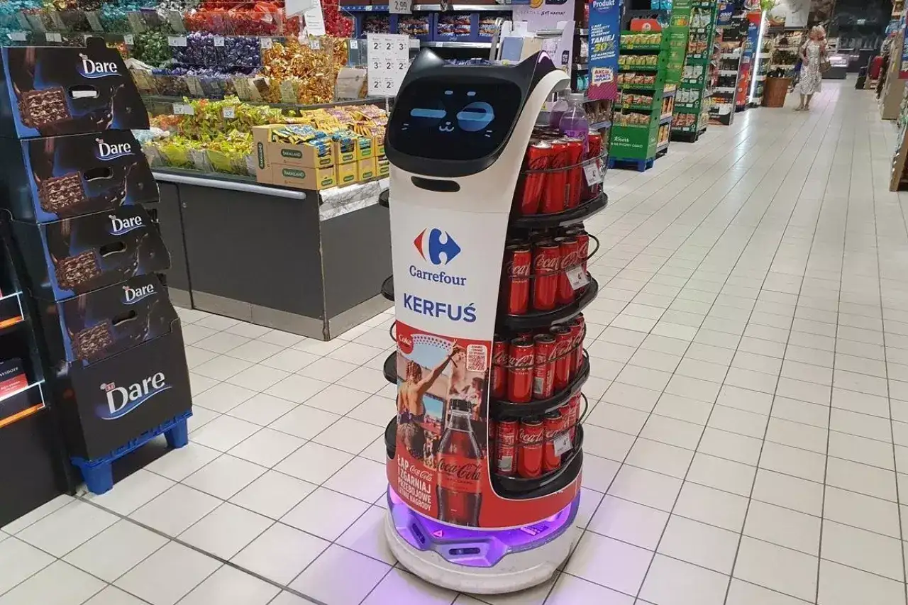 Robot Kerfuś w sklepie Carrefour, innowacja w branży retail. Promuje napoje Coca-Cola i słodycze.