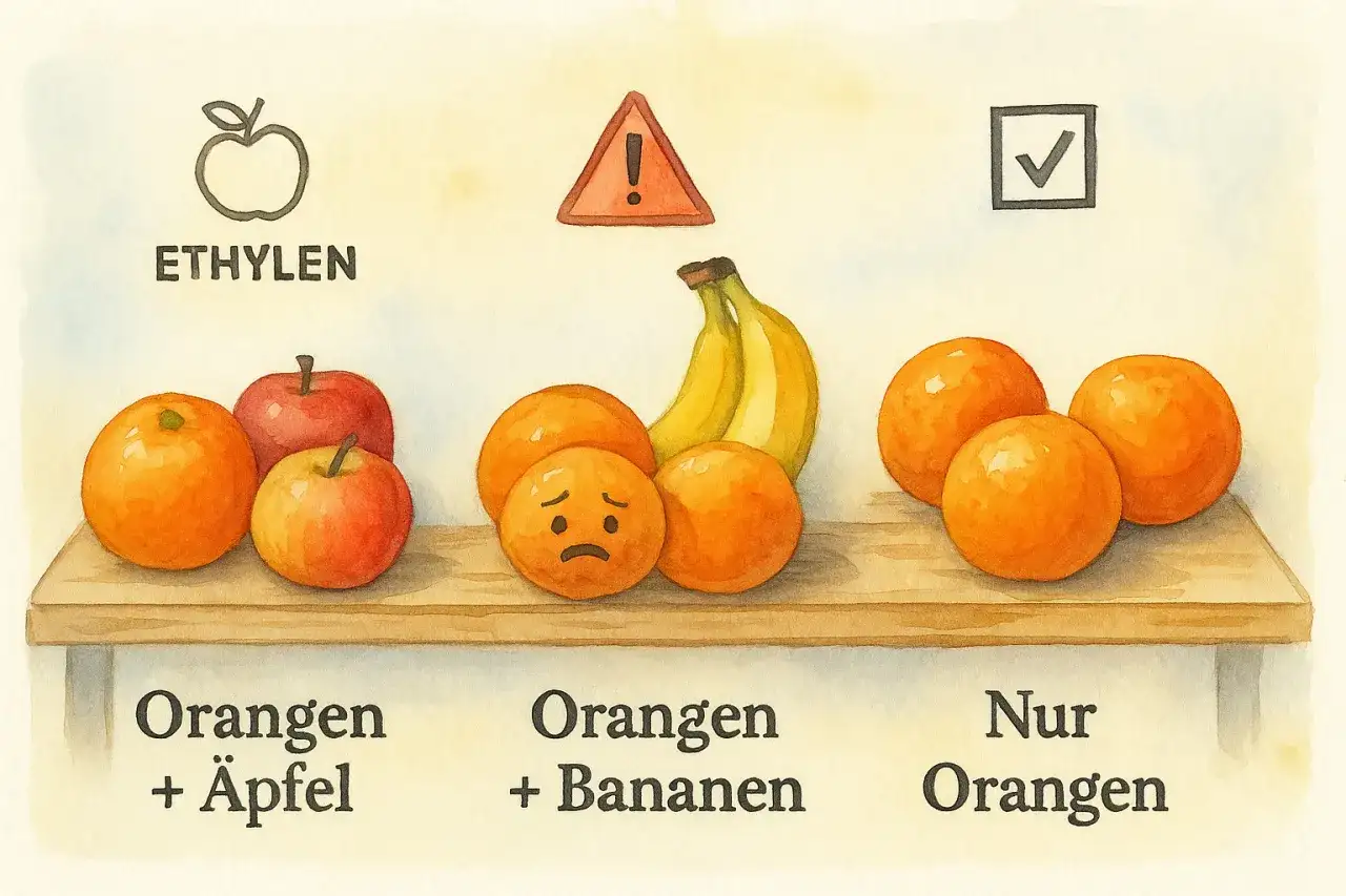 So lagern Sie Apfelsinen richtig: Äpfel und Ethylen neben Orangen vermeiden. Bananen machen Orangen traurig. Nur Orangen sind glücklich.