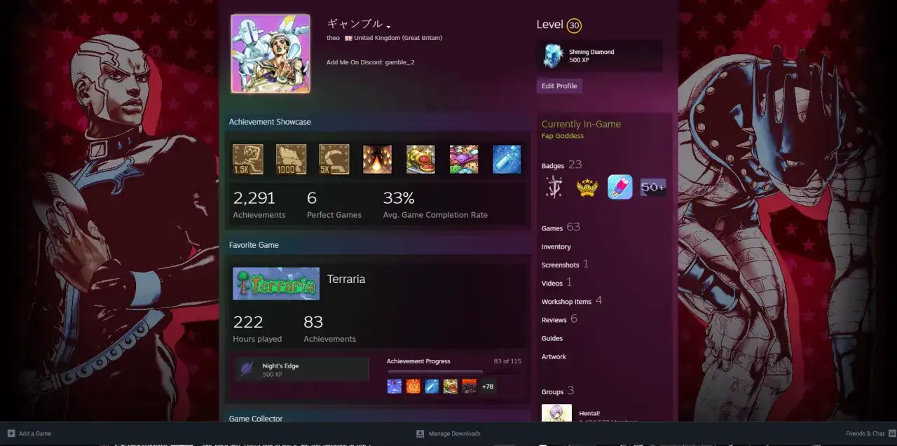 Profil gracza Steam z osiągnięciami, ulubioną grą Terraria i odznaką "Shining Diamond". To pokazuje, co to są karty Steam, które można zdobywać i wymieniać.