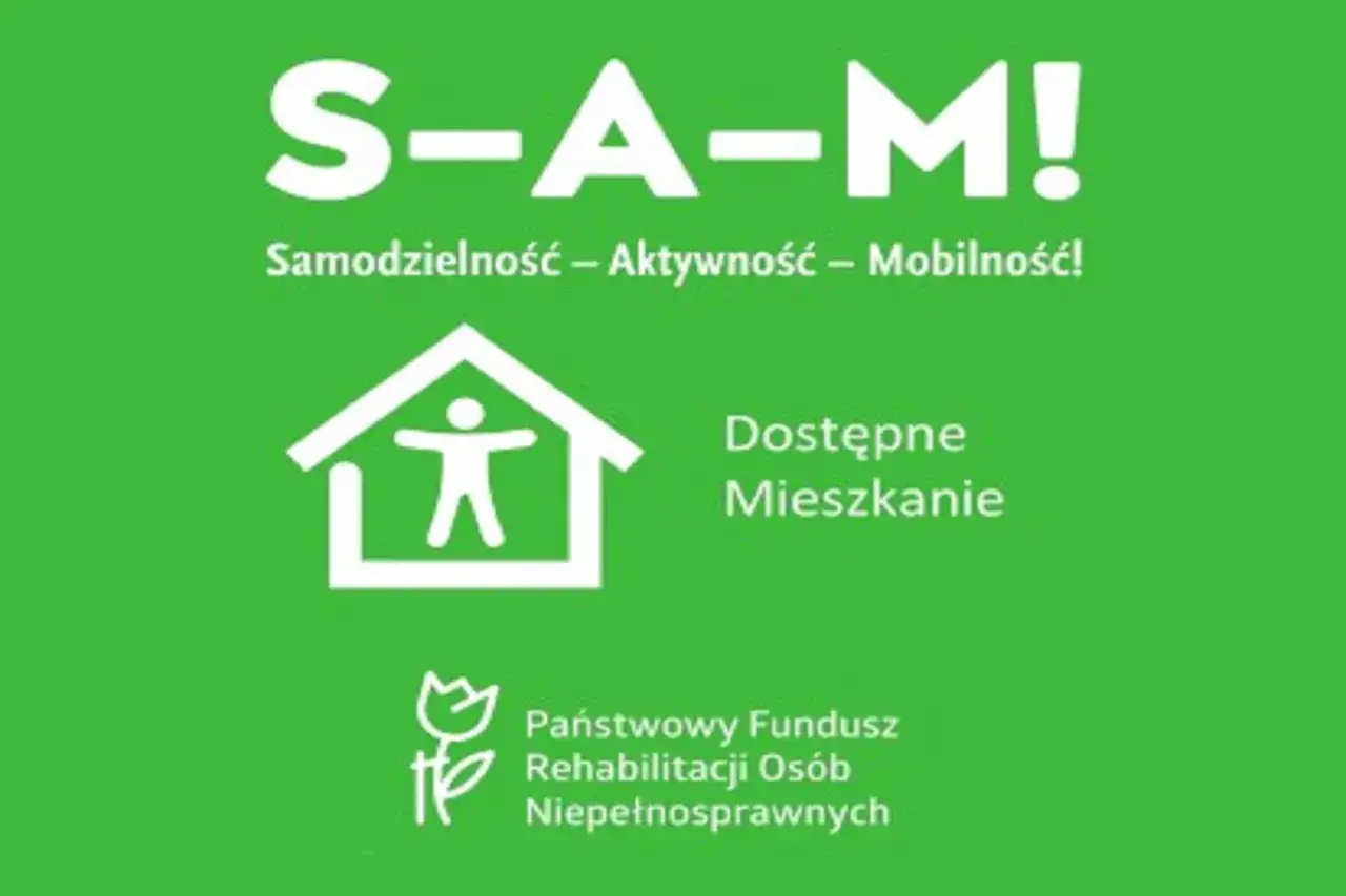 Grafika z napisem S-A-M!, ikoną domu z postacią i logo PFRON.
