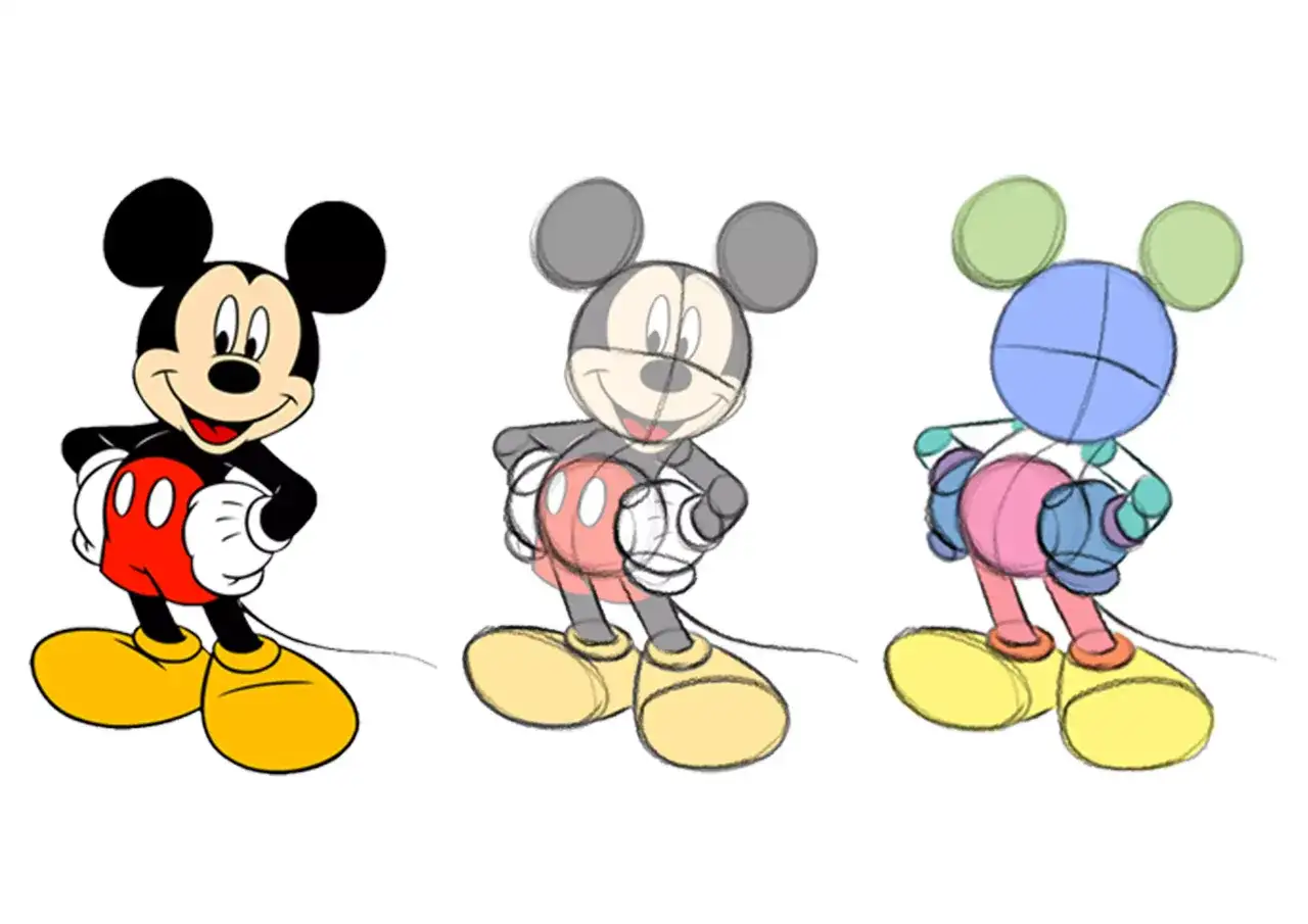 Drei Mickey-Maus-Zeichnungen: fertig, skizziert, mit Farbblöcken.