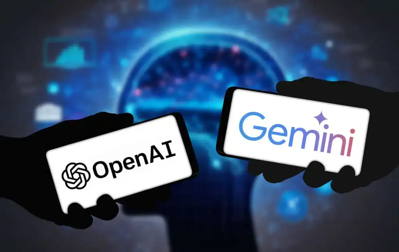 Dwie dłonie trzymają smartfony z logotypami OpenAI i Gemini. Tło to stylizowany mózg i wykresy, sugerujące rywalizację AI, jak Bard GPT.