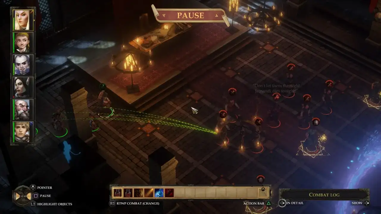 Postacie w grze Pathfinder Kingmaker Spolszczenie w trakcie walki. Widok z góry na arenę.