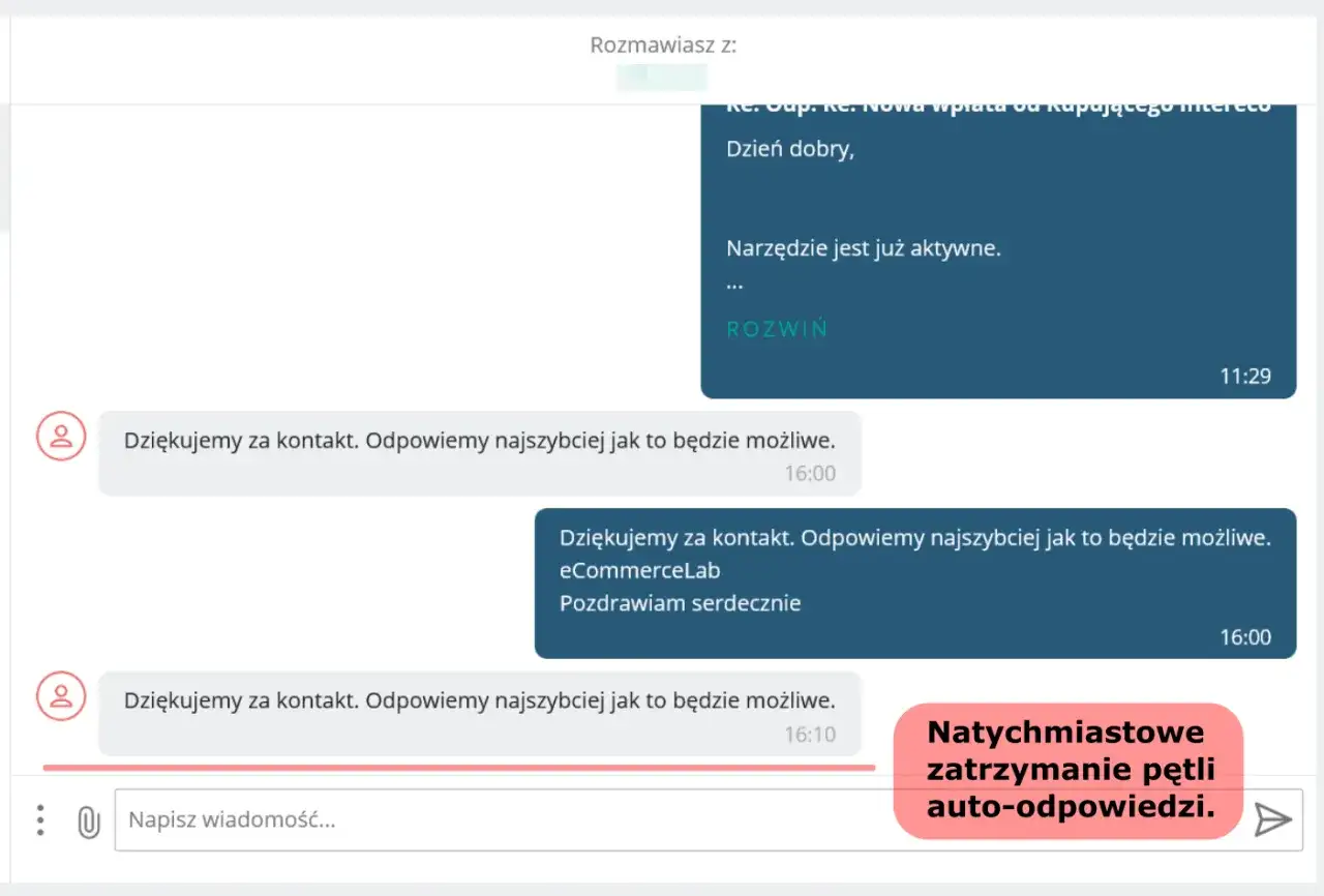 Przykład autoresponder w akcji: system odpowiada na zapytanie klienta, a następnie użytkownik może przerwać pętlę automatycznych odpowiedzi.
