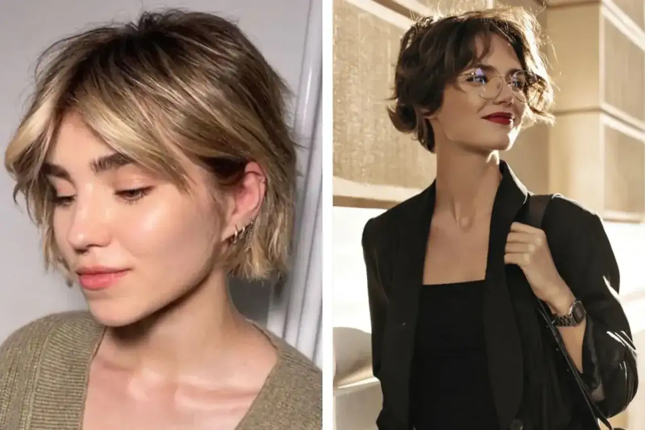 Dos mujeres con un moderno corte bixie. Una luce un estilo rubio desordenado, la otra un castaño ondulado con gafas.