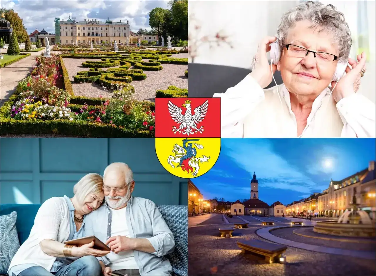 Pałac, starsza kobieta w słuchawkach, para seniorów, herby i rynek miejski.