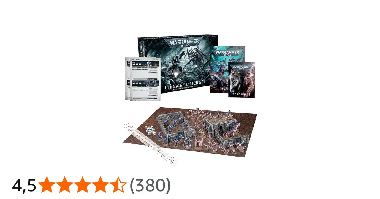 Warhammer 40,000 Ultimate Starter Set z figurkami Space Marines i Tyranidów, podręcznikami i akcesoriami do gry.